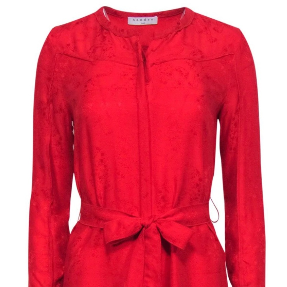 Sandro midi silhouette with red tiger jacquard print, belted